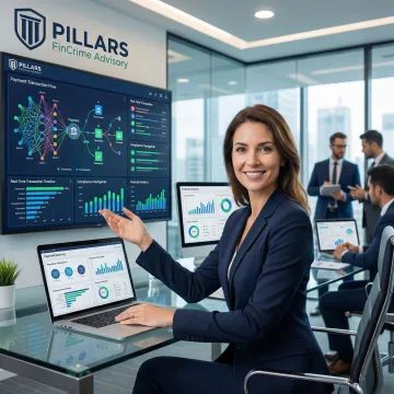 Compliance consultant reviewing payment system architecture with fintech team