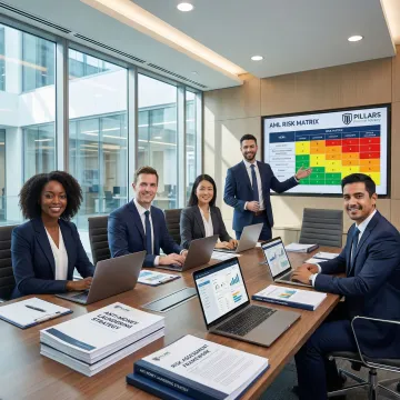 Compliance team collaborating on AML program development strategy in modern conference room