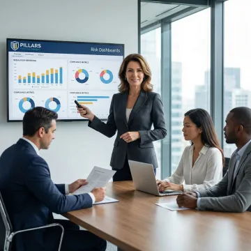 Senior compliance executive reviewing financial crime risk assessment with executive team