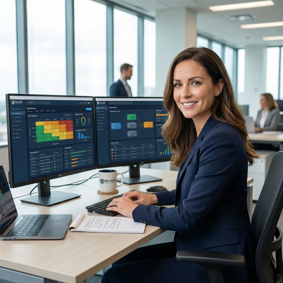 Compliance officer analyzing financial crime risk assessment data on multiple monitors