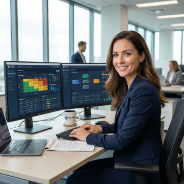Compliance officer analyzing financial crime risk assessment data on multiple monitors