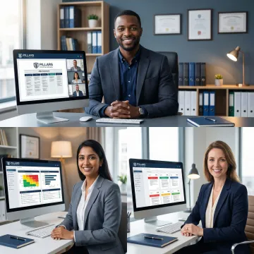 Financial compliance team collaborating on virtual platform with regulatory documents