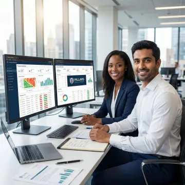 Financial compliance team analyzing AML monitoring data on multiple screens