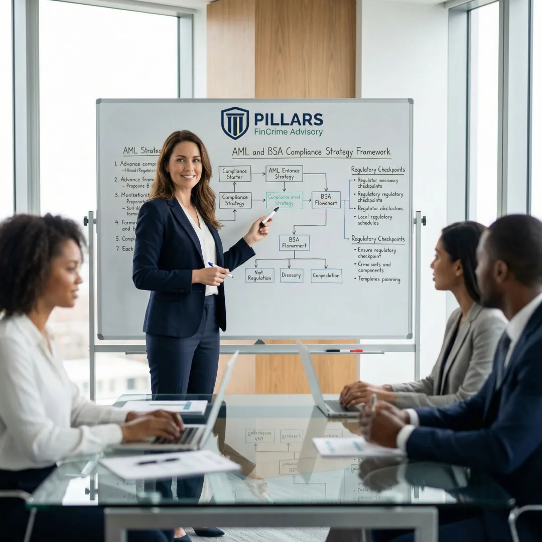 Compliance advisor presenting a financial crime risk framework to a fintech leadership team