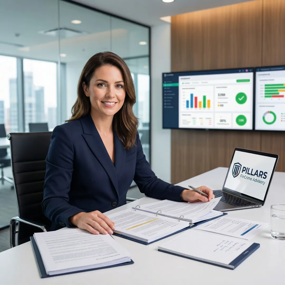 Financial compliance consultant reviewing regulatory documents at a professional desk