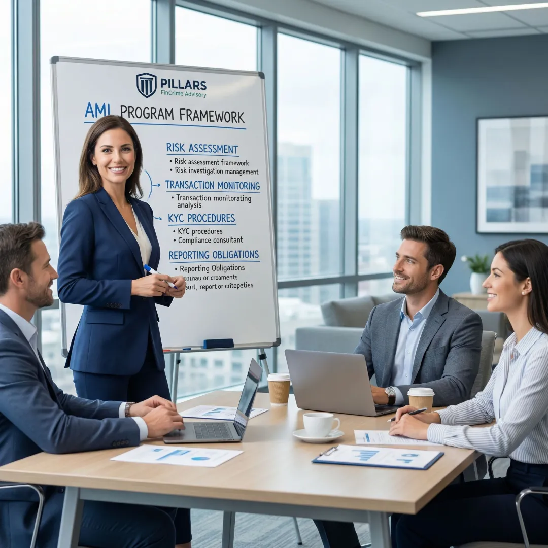 Compliance consultant presenting a scalable AML program framework on a whiteboard to a fintech team
