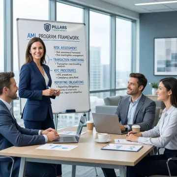 Compliance consultant presenting a scalable AML program framework on a whiteboard to a fintech team