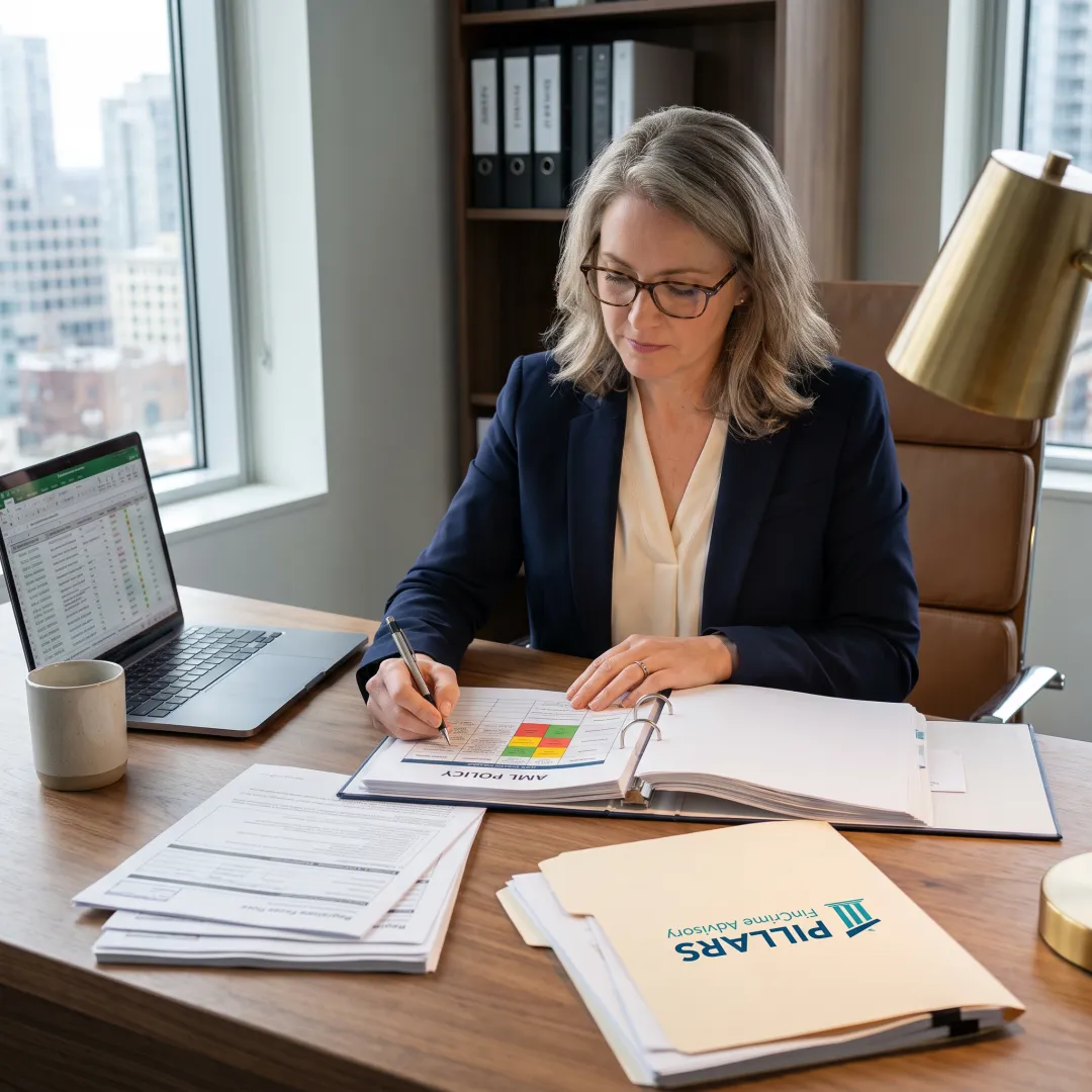 Compliance professional reviewing AML program documentation