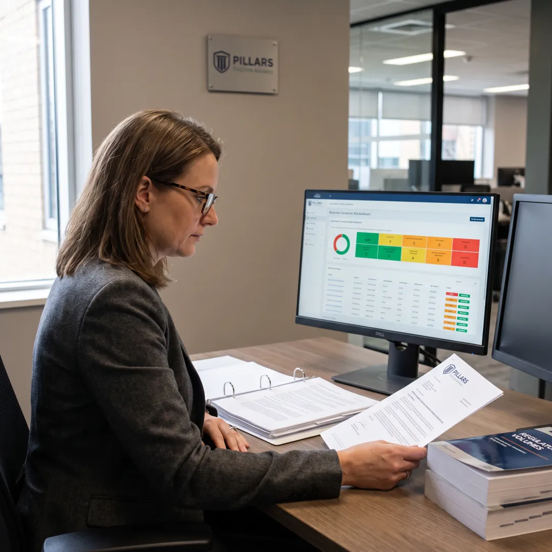 Compliance advisor reviewing crypto exchange risk data