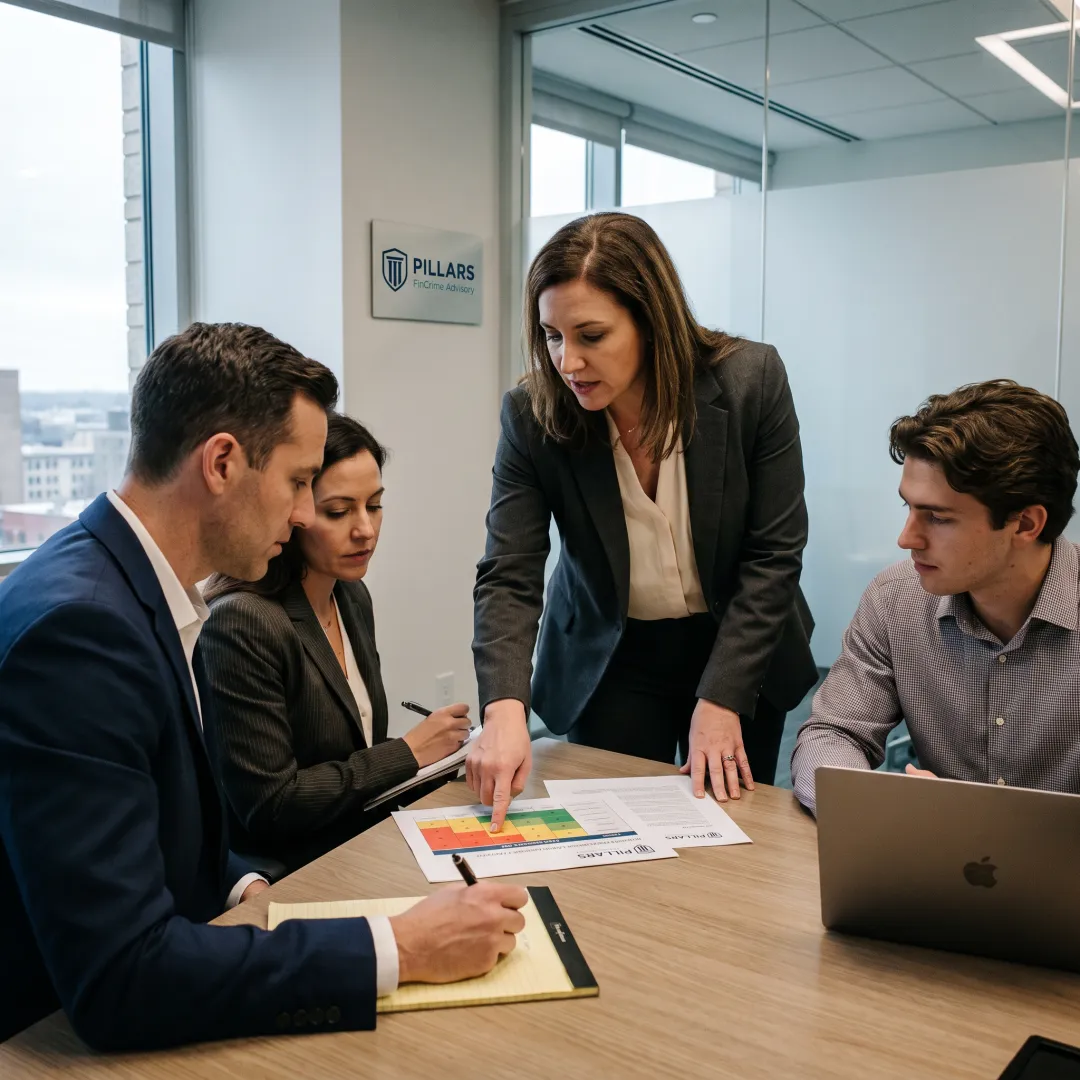 Compliance advisor discussing risk strategy with executives