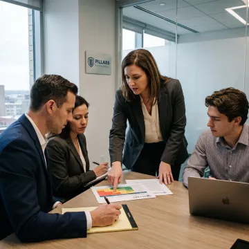 Compliance advisor discussing risk strategy with executives