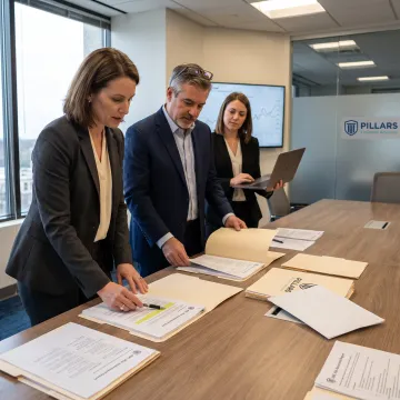 Compliance professionals reviewing merger due diligence documents