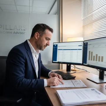 Compliance professional reviewing global sanctions screening data