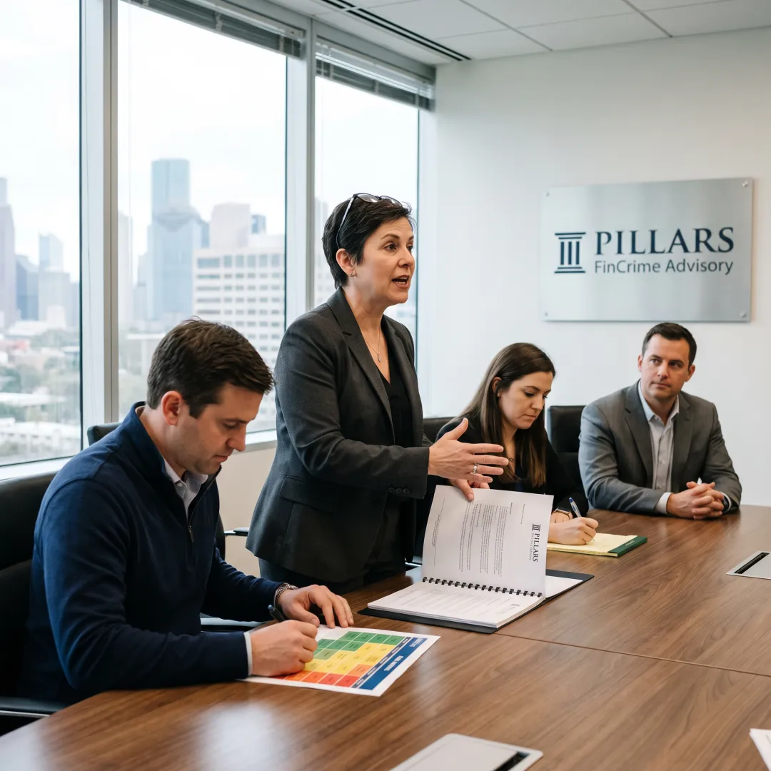 Compliance advisor and fintech team discussing program controls