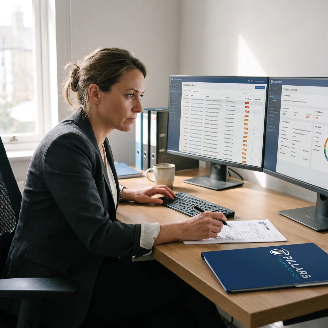 Compliance analyst reviewing transaction monitoring alerts