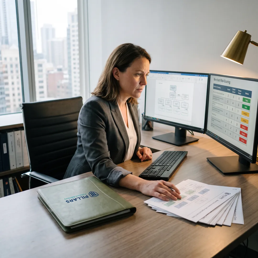 Compliance professional reviewing payment processor KYB records