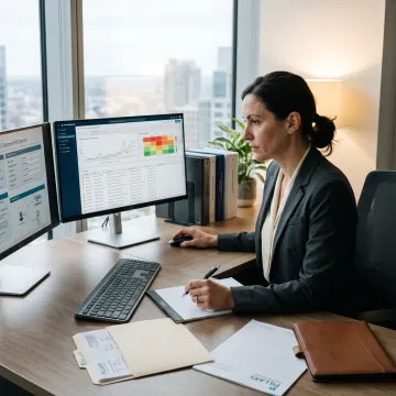 Compliance professional reviewing transaction risk data