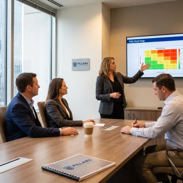 AML consultant discussing compliance findings with executives