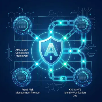 Digital asset compliance framework visualization with blockchain network and regulatory checkpoints