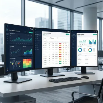 Financial compliance technology dashboard showing transaction monitoring and risk analytics