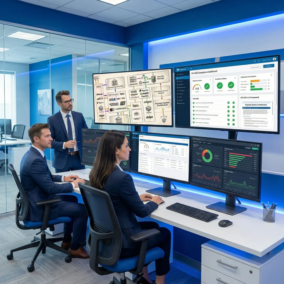 Financial compliance team reviewing payment security infrastructure