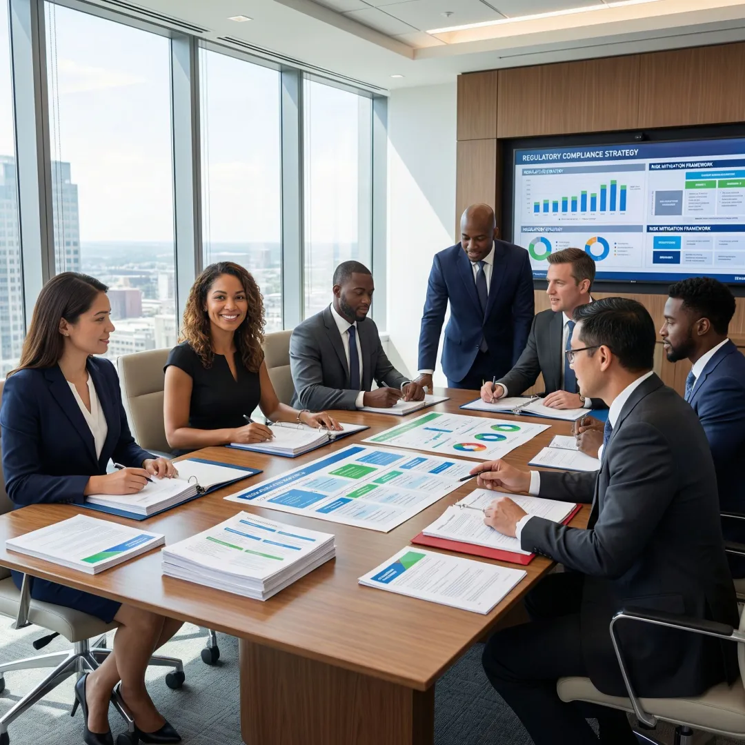 Compliance team collaborating on regulatory strategy in conference room