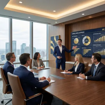 Financial compliance consultant presenting risk-based framework strategy to banking executives