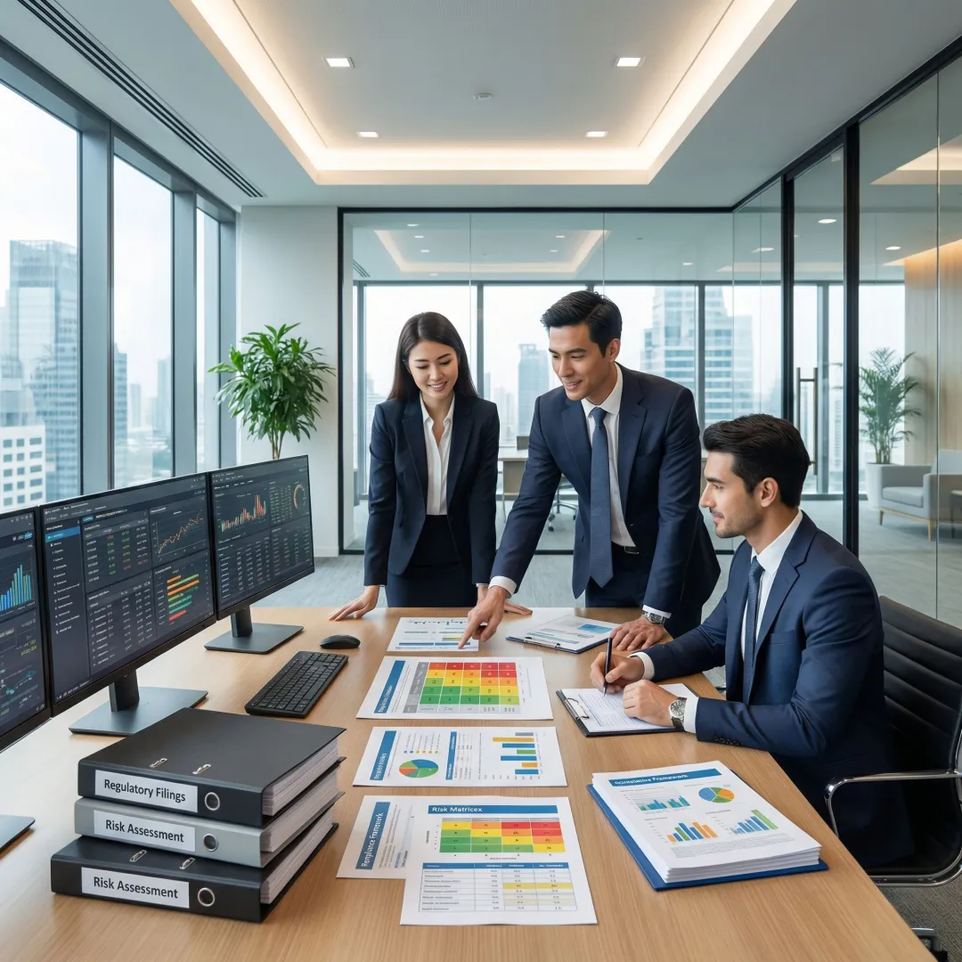 Banking compliance professionals reviewing risk assessment frameworks and regulatory documentation