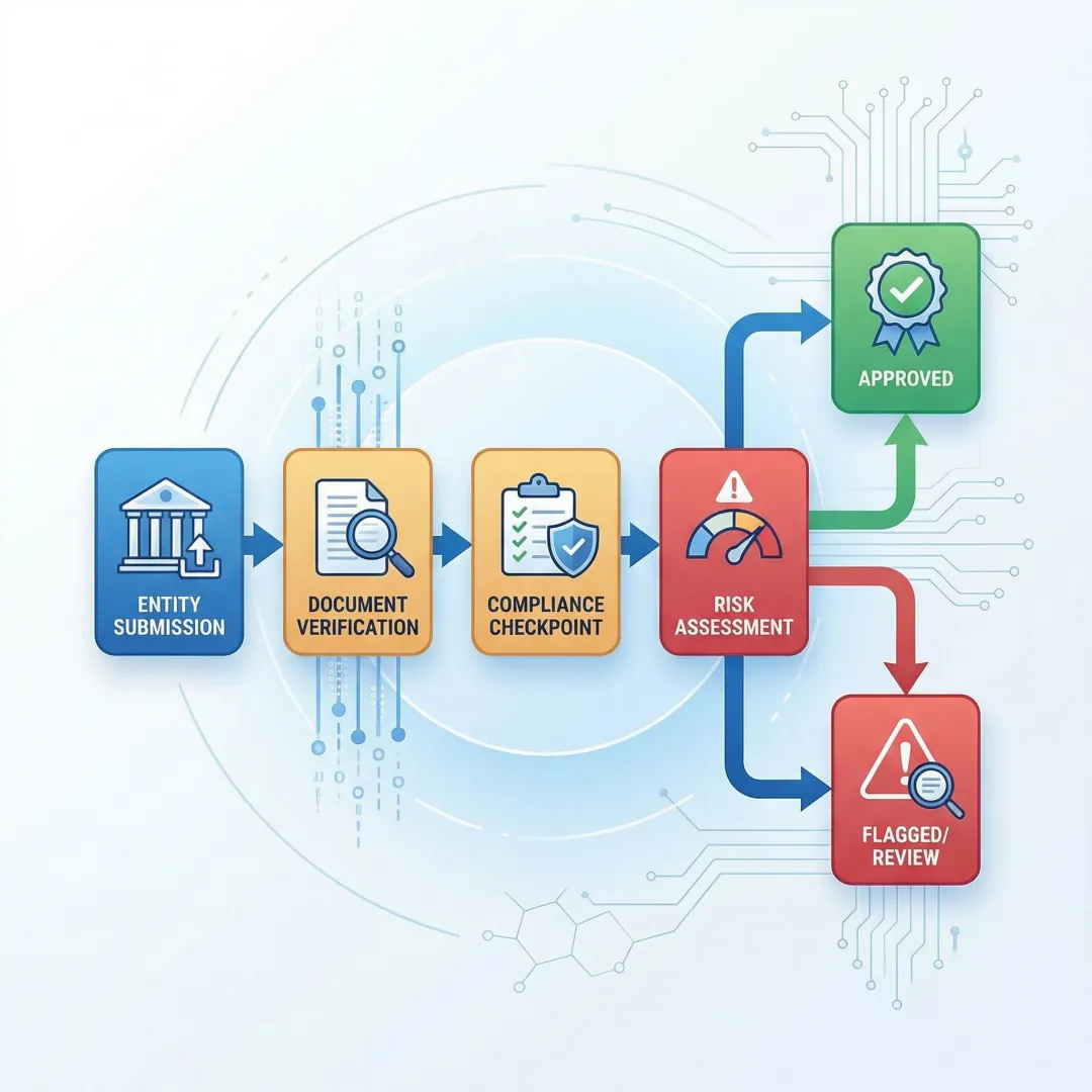 Business verification framework diagram showing KYB compliance workflow