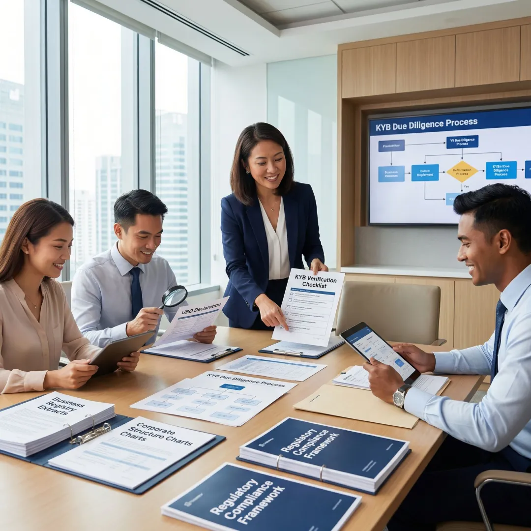 Professional consultant reviewing business verification documents with financial services team