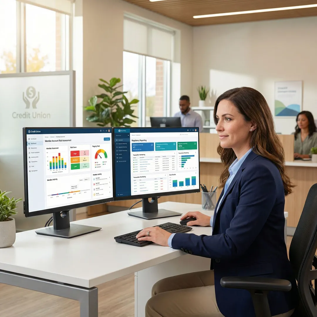 Credit union staff using compliance software for member account review