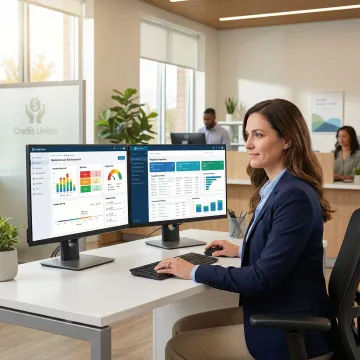 Credit union staff using compliance software for member account review