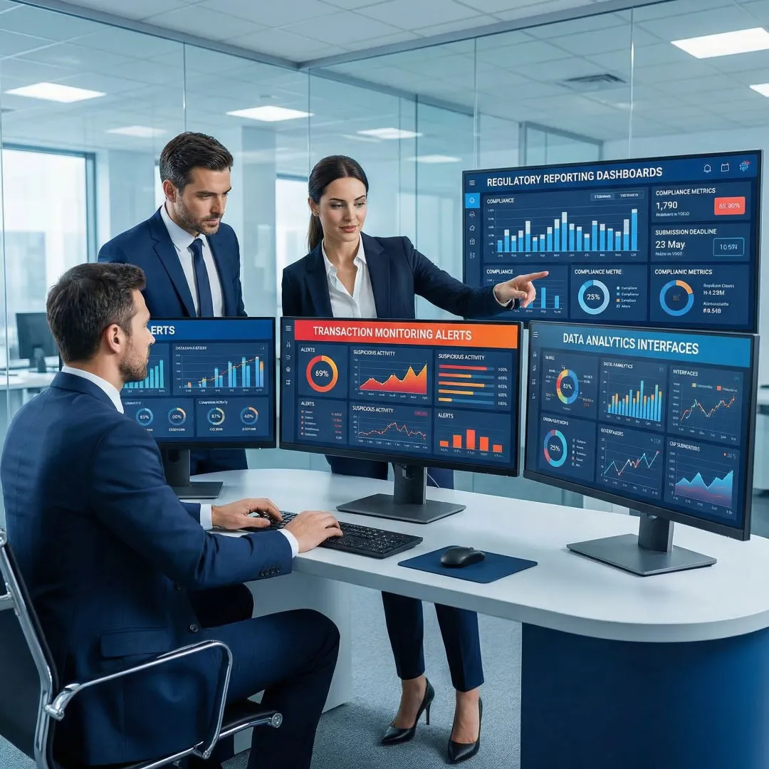Credit union compliance team reviewing BSA/AML software dashboard
