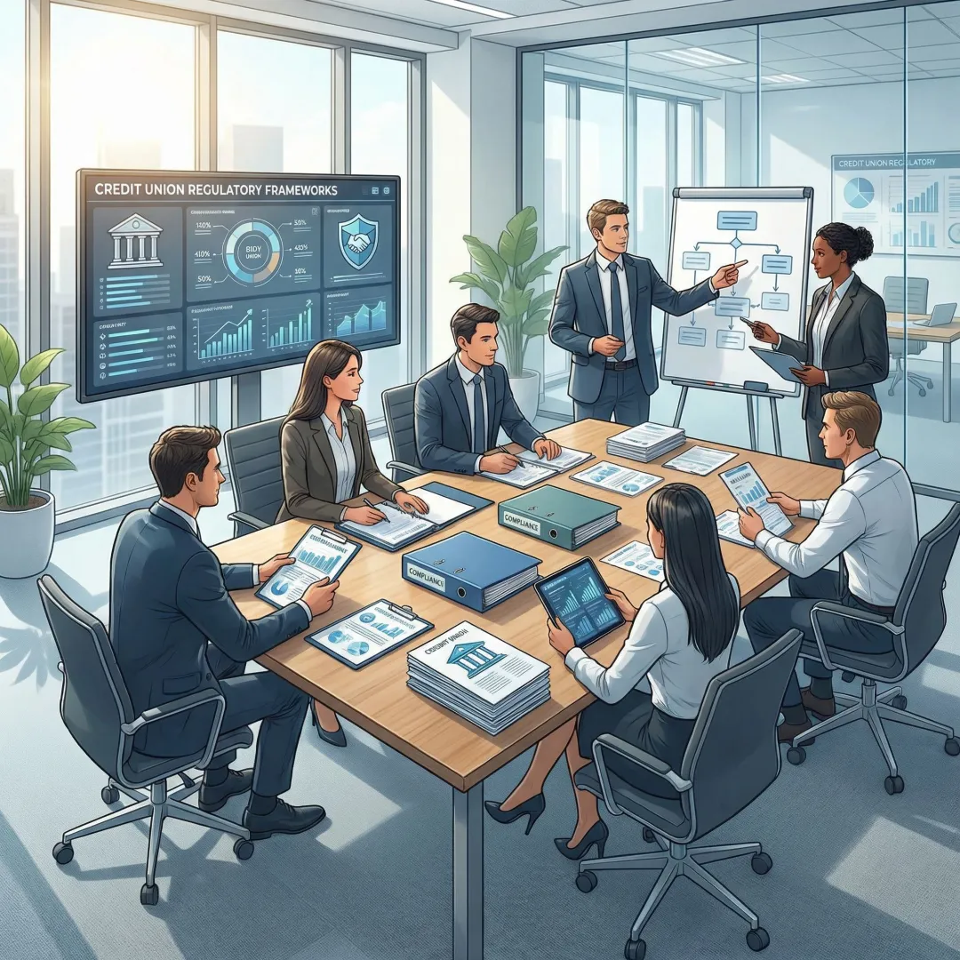 Financial compliance consultants reviewing credit union regulatory documents