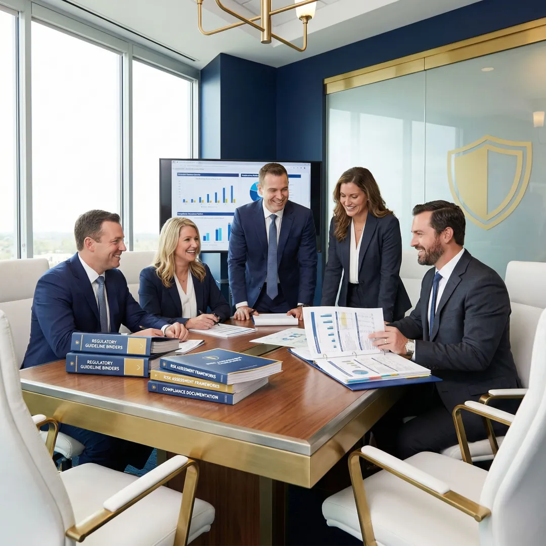 Financial compliance experts reviewing regulatory framework and advisory strategies