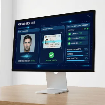 Modern digital identity verification interface showing biometric scanning and document authentication