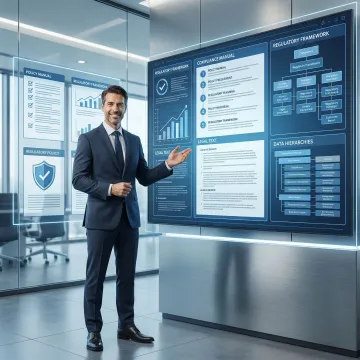 Compliance officer presenting audit-ready documentation and regulatory framework