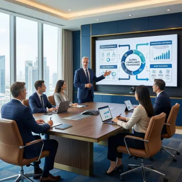 Compliance executive presenting regulatory strategy to leadership team in modern office