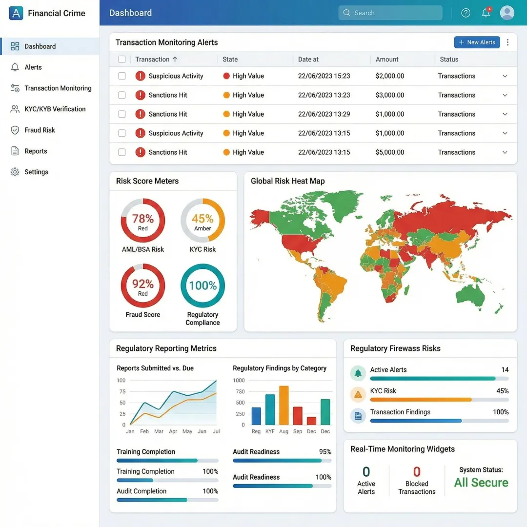 Compliance dashboard showing transaction monitoring alerts and risk assessment metrics