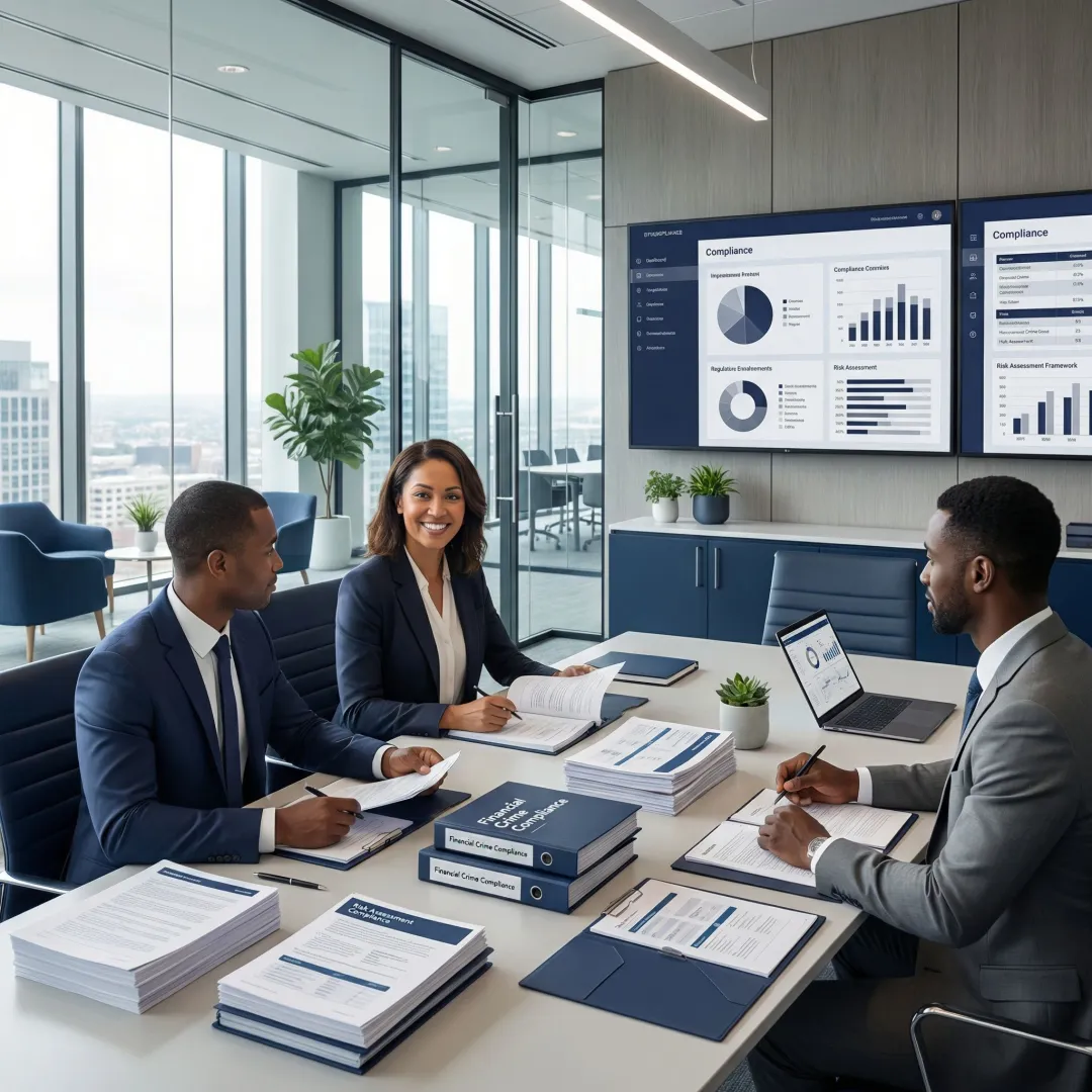 Financial compliance professionals reviewing regulatory documentation and compliance frameworks