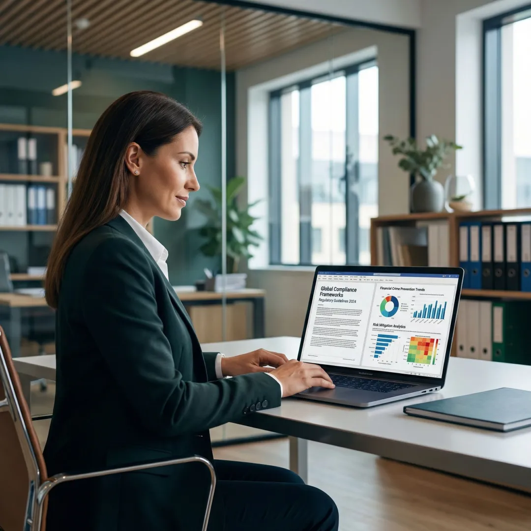 Compliance officer reviewing financial crime prevention framework on laptop