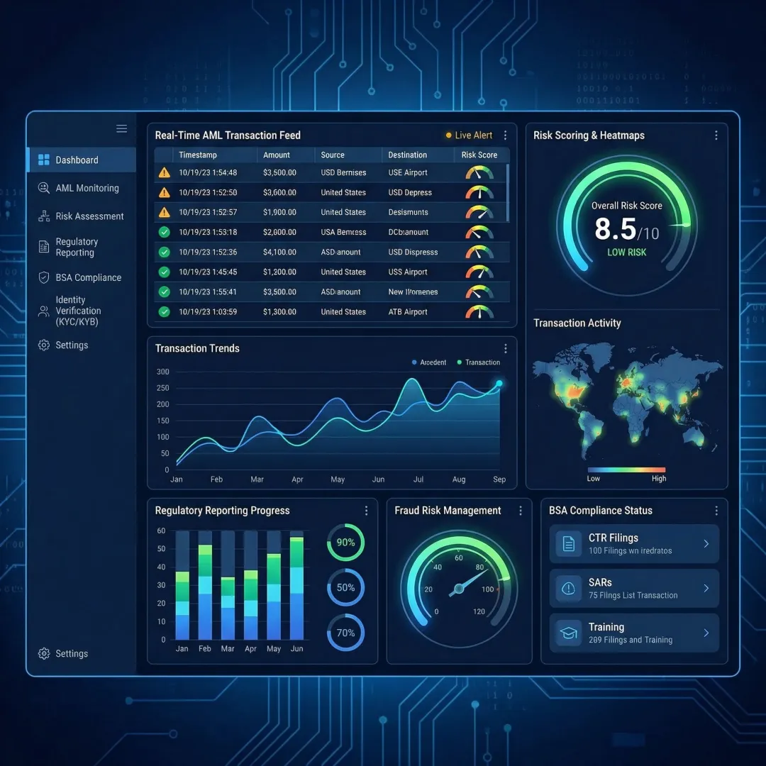 Fintech compliance dashboard showing transaction monitoring and risk assessment metrics