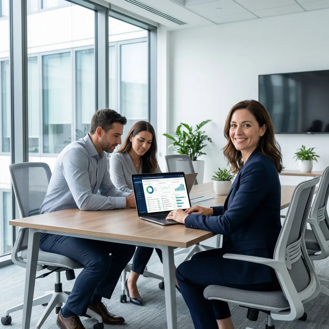 Startup founders collaborating with compliance consultant on regulatory strategy