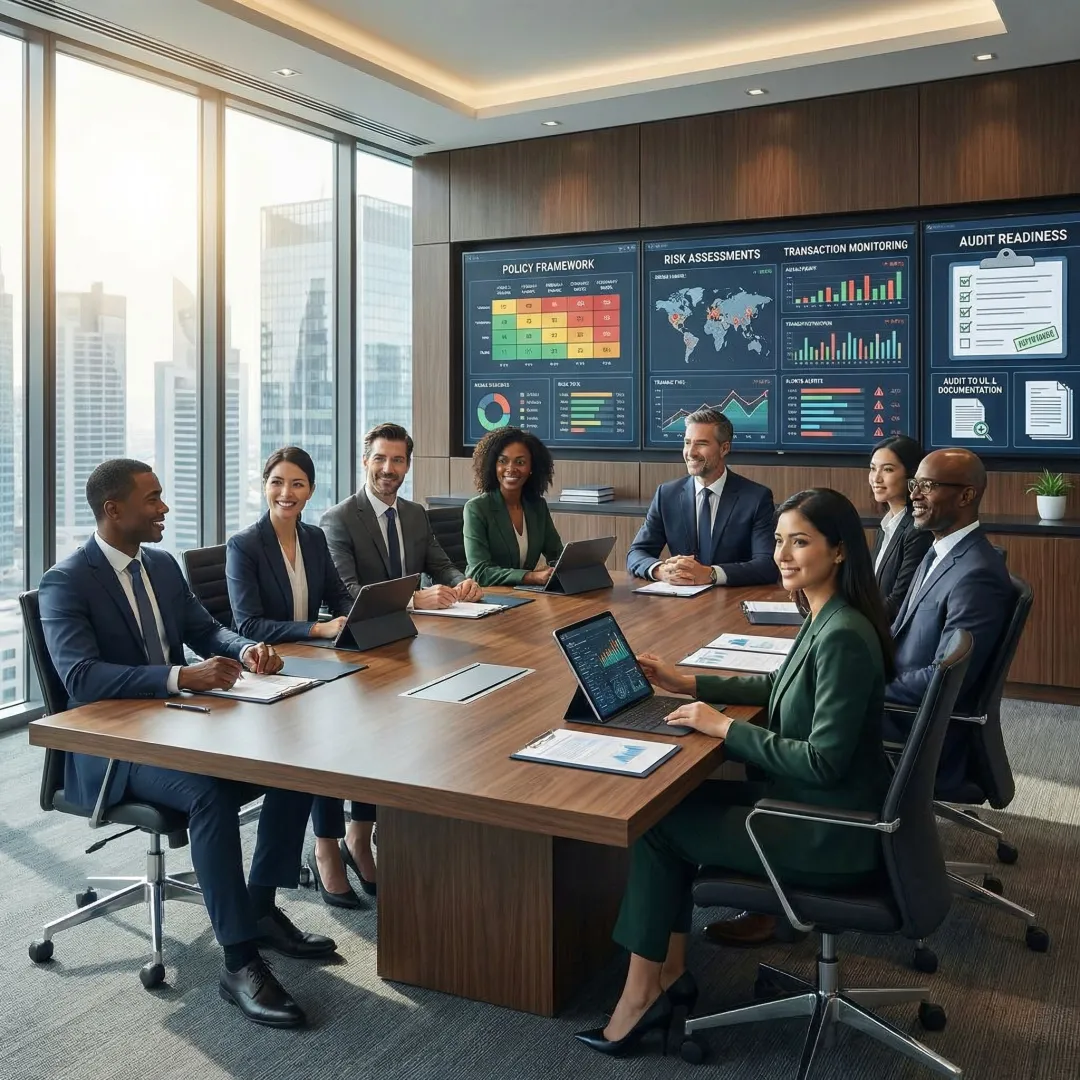 Business professionals collaborating on financial compliance strategy in modern office setting