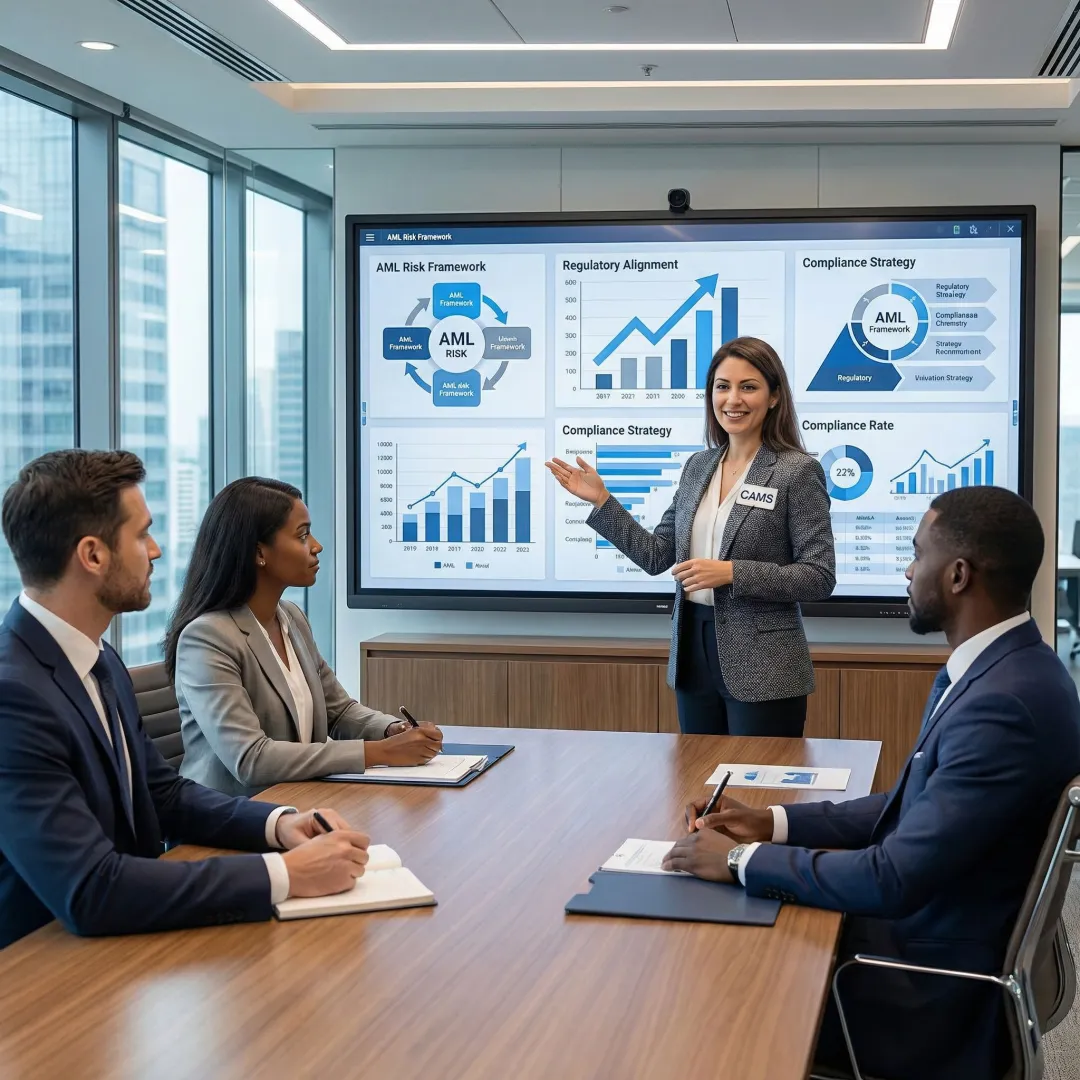 Financial compliance consultant presenting scalable program framework to executive team