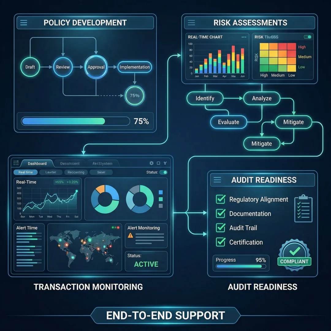 Compliance framework diagram with regulatory checkpoints and risk assessment workflow