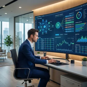 Cryptocurrency compliance expert reviewing blockchain transaction monitoring systems