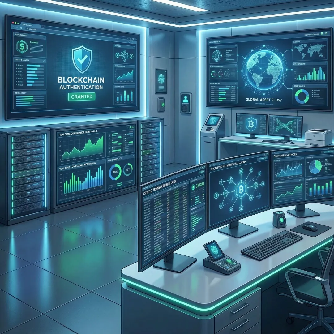Modern cryptocurrency banking compliance infrastructure with digital security protocols