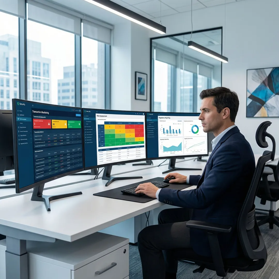 Financial compliance professional analyzing regulatory framework on multiple monitors