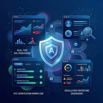 Compliance framework dashboard showing KYC, AML, and transaction monitoring systems